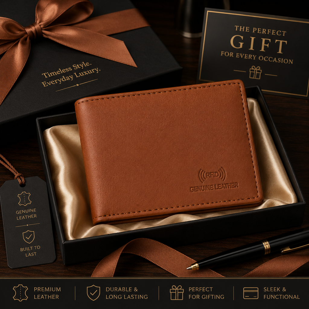 Men’s Genuine Leather Bifold Wallet with RFID Blocking, Coin Pocket & Multiple Card Slots – Brown Leather Wallet for Men