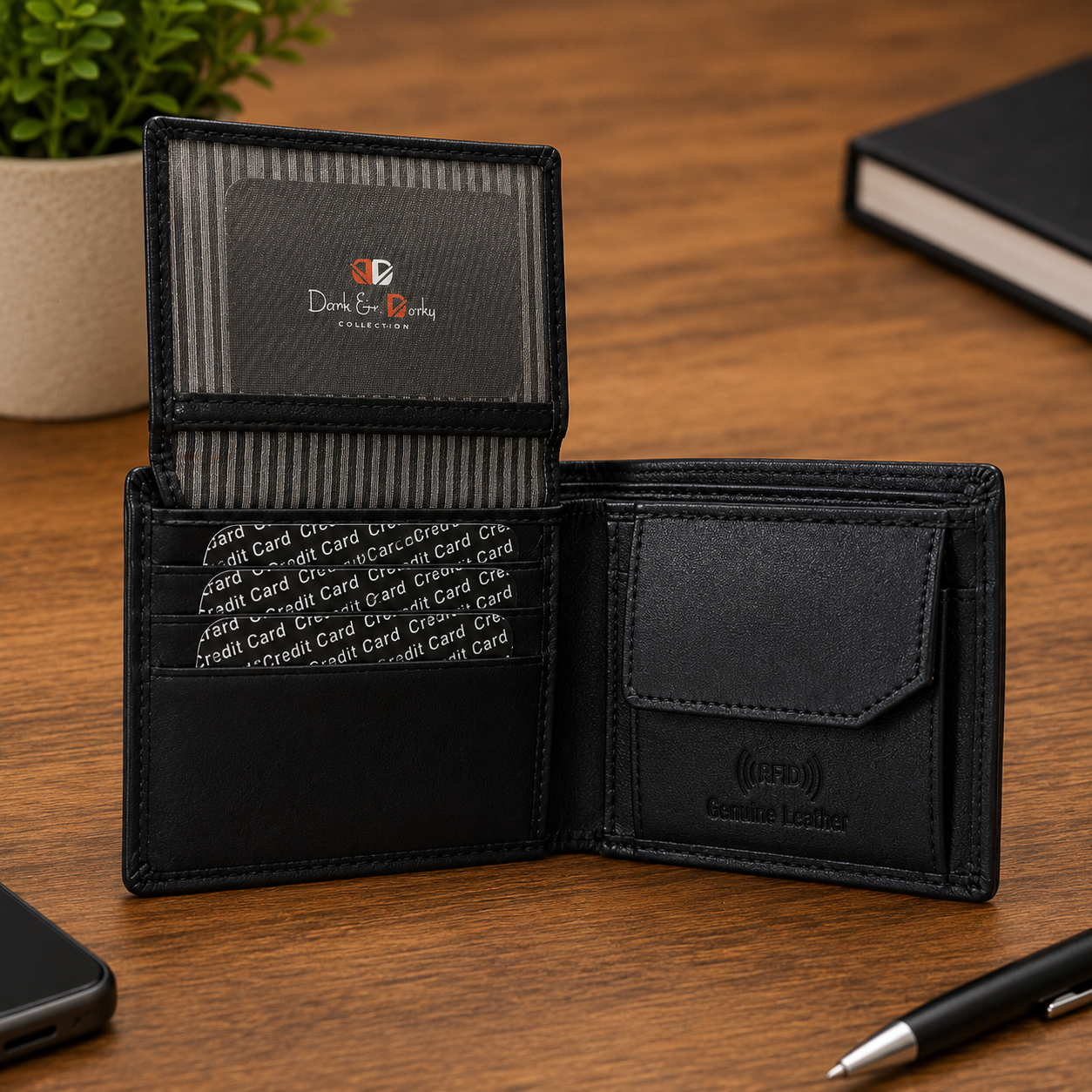 Men’s Genuine Leather Bifold Wallet with RFID Blocking, ID Window, Coin Pocket & Multiple Card Slots – Black
