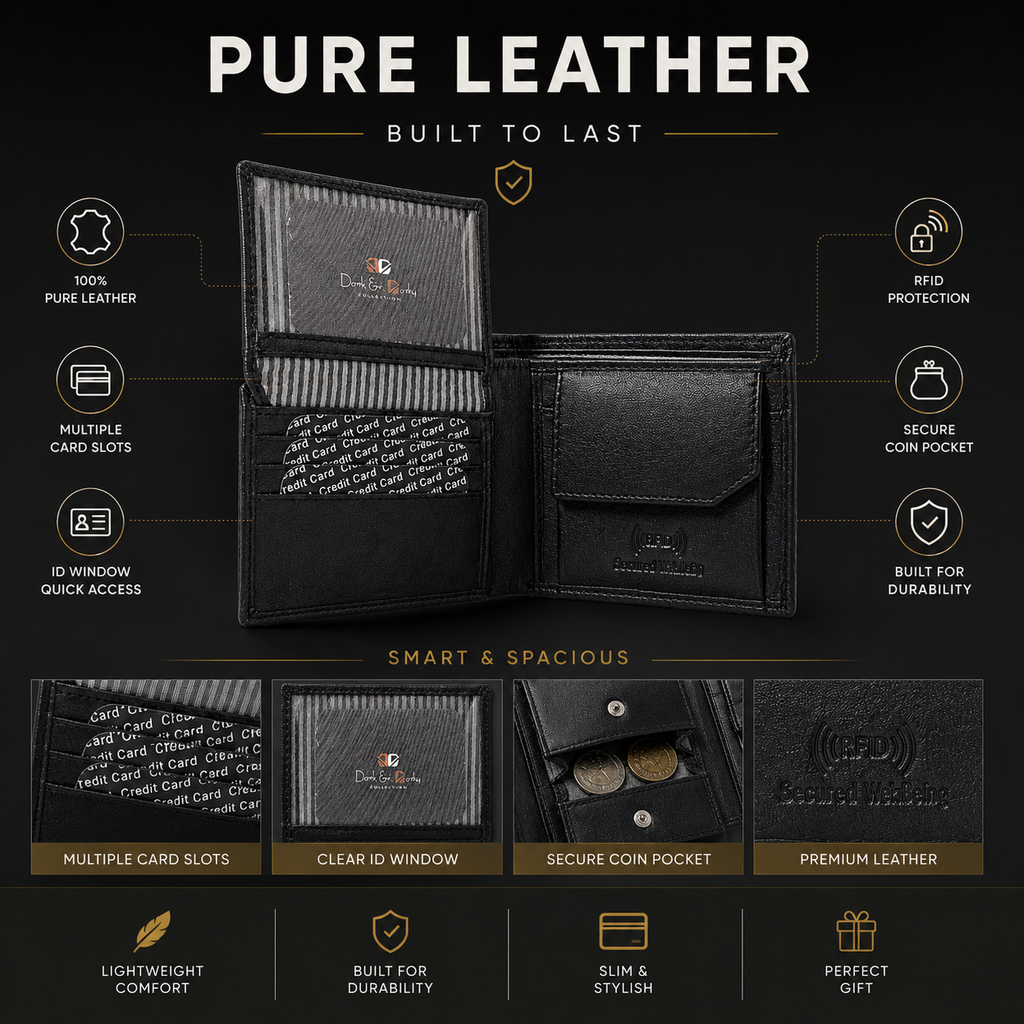 Men’s Genuine Leather Bifold Wallet with RFID Blocking, ID Window, Coin Pocket & Multiple Card Slots – Black