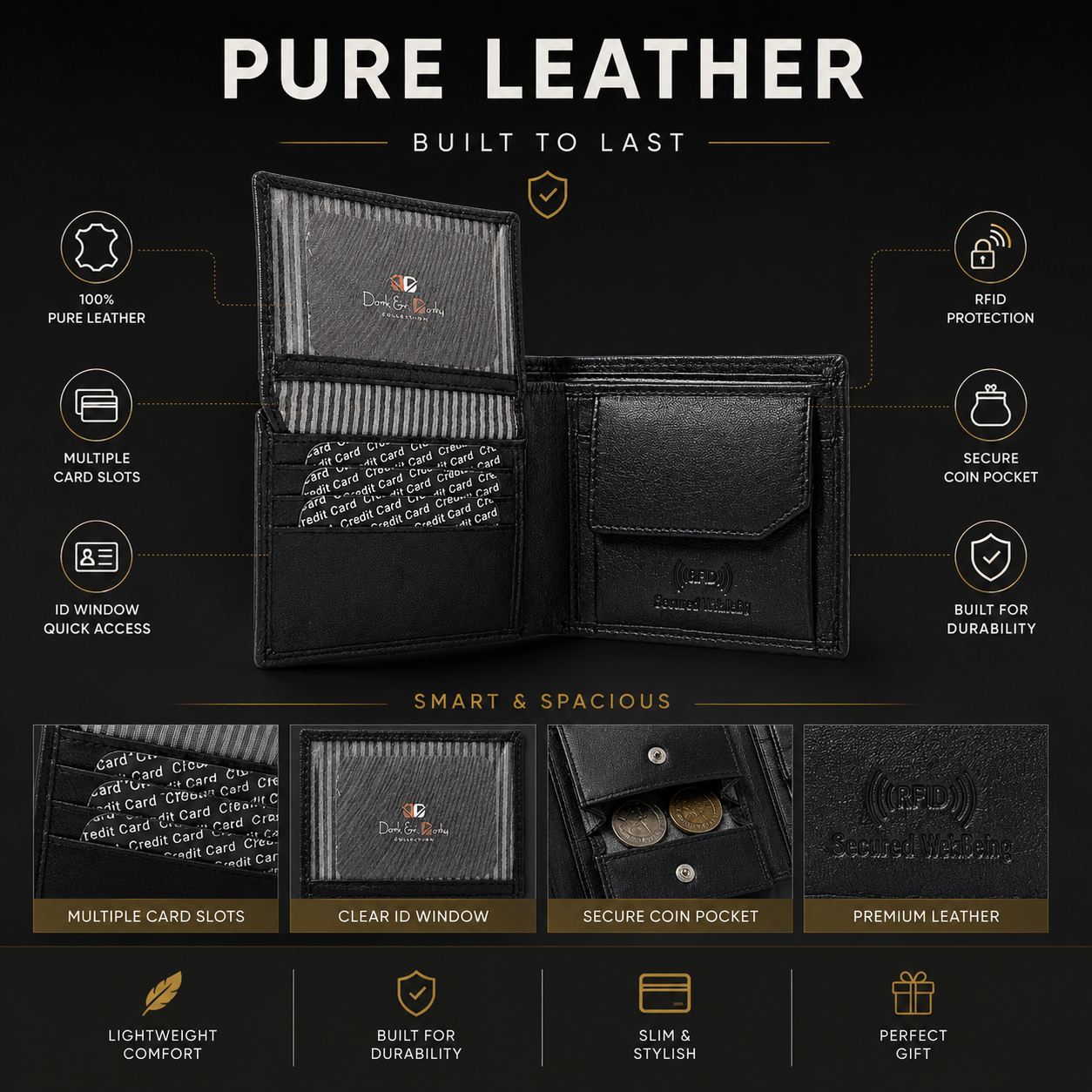 Men’s Genuine Leather Bifold Wallet with RFID Blocking, ID Window, Coin Pocket & Multiple Card Slots – Black