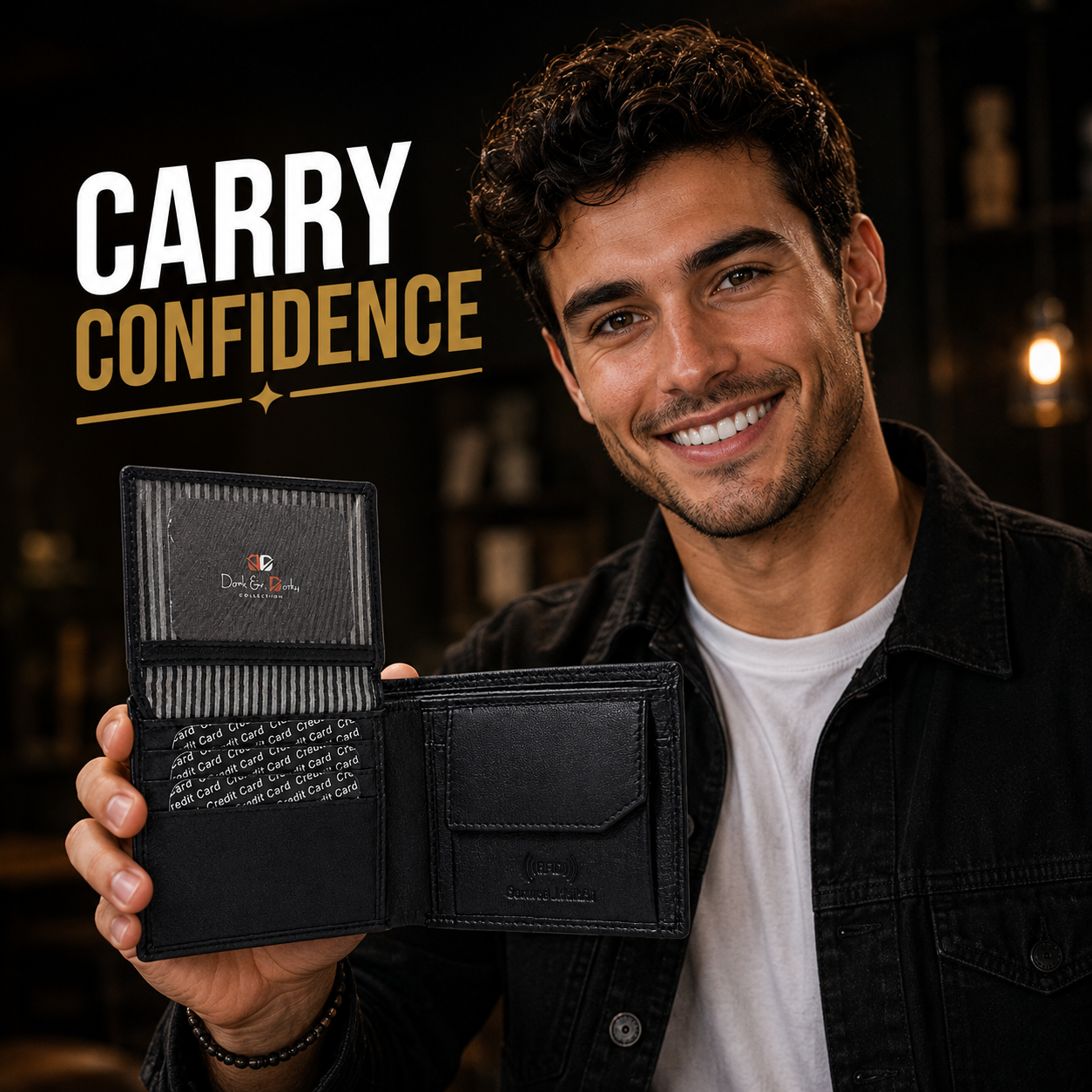 Men’s Genuine Leather Bifold Wallet with RFID Blocking, ID Window, Coin Pocket & Multiple Card Slots – Black