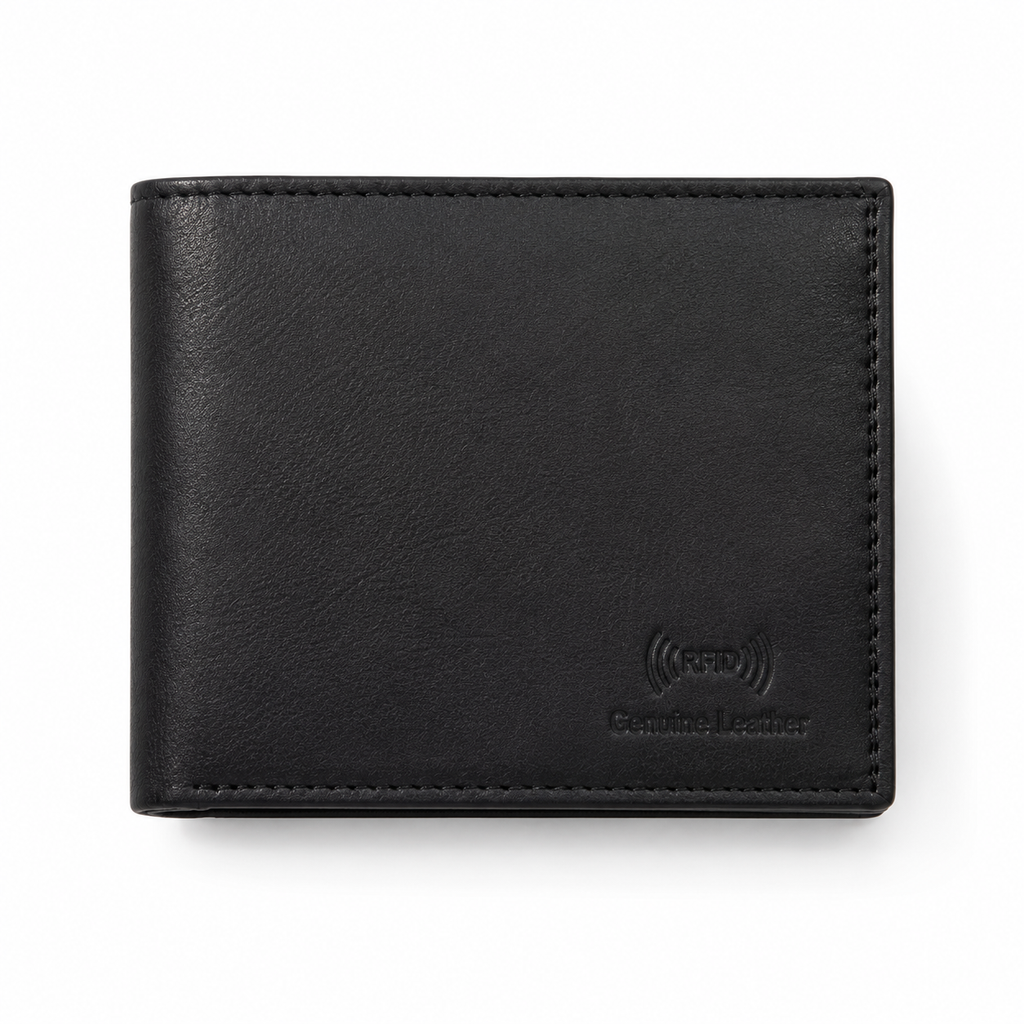 Men’s Genuine Leather Bifold Wallet with RFID Blocking & Coin Pocket – Black Leather Wallet for Men with Multiple Card Slots