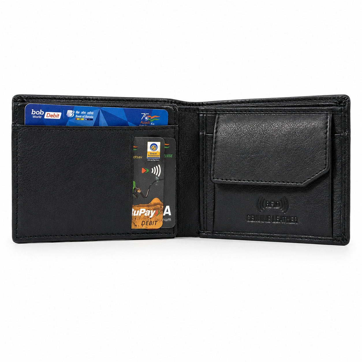 Men’s Genuine Leather Bifold Wallet with RFID Blocking & Coin Pocket – Black Leather Wallet for Men with Multiple Card Slots