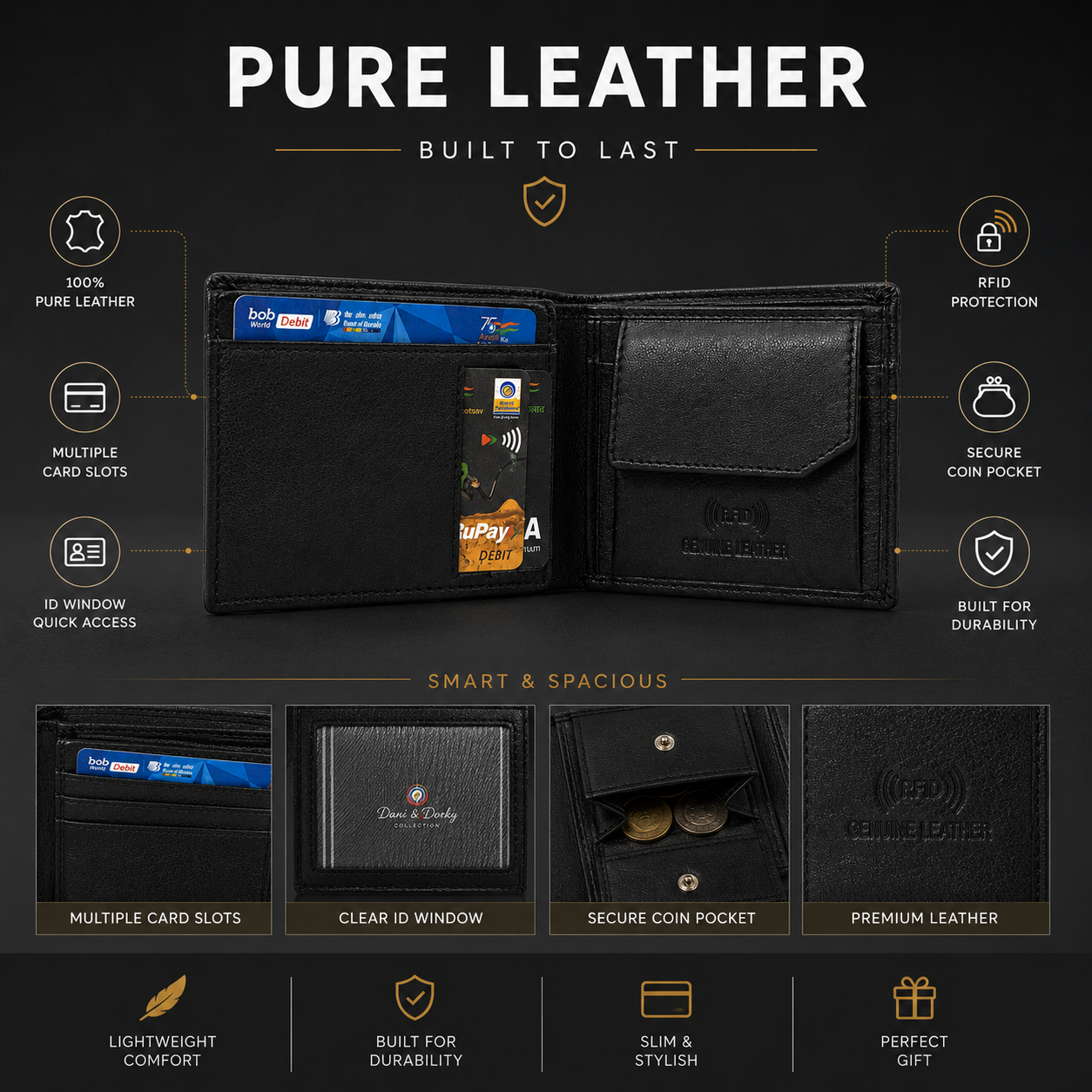 Men’s Genuine Leather Bifold Wallet with RFID Blocking & Coin Pocket – Black Leather Wallet for Men with Multiple Card Slots