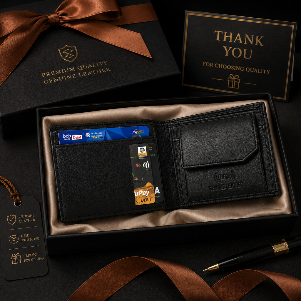 Men’s Genuine Leather Bifold Wallet with RFID Blocking & Coin Pocket – Black Leather Wallet for Men with Multiple Card Slots