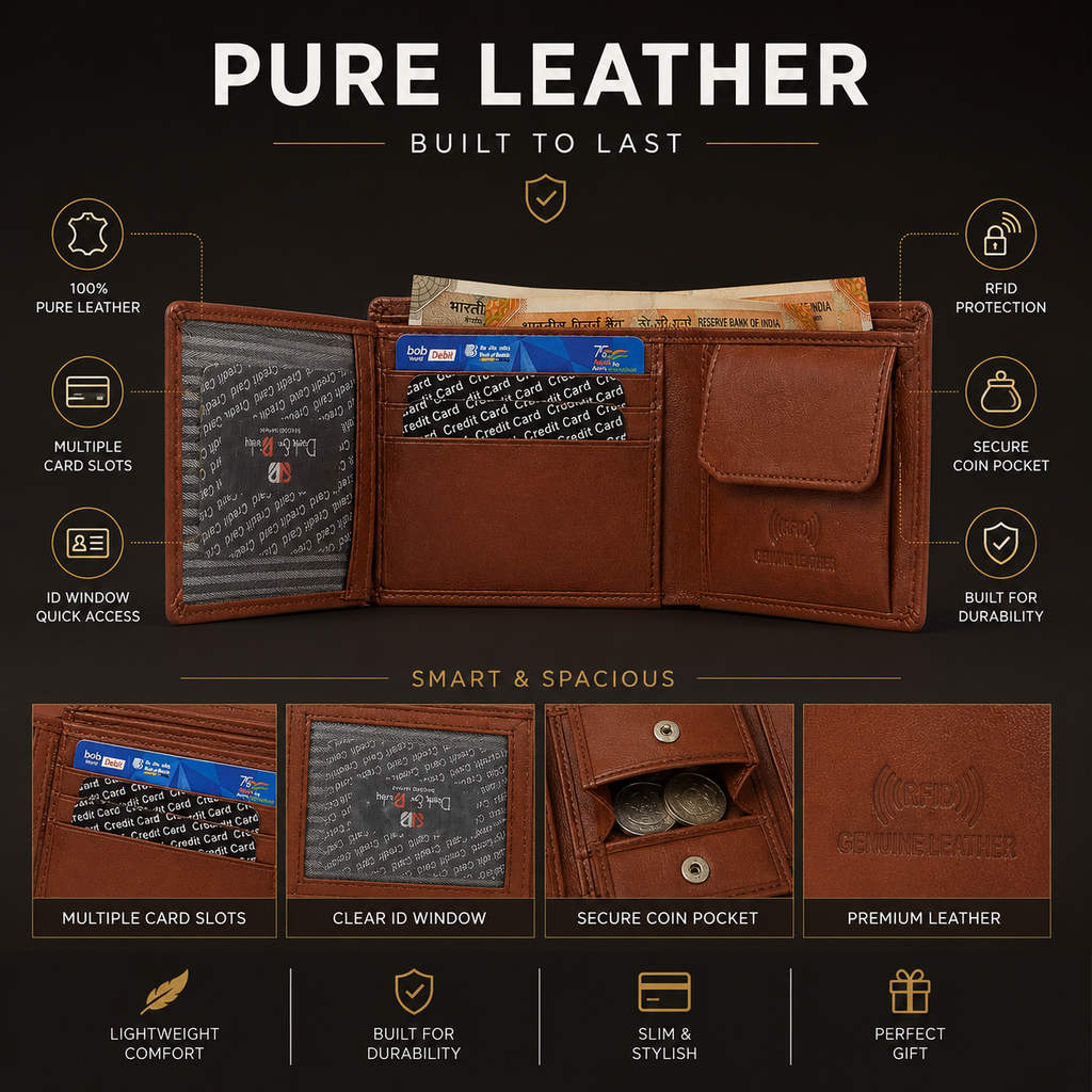 Men’s Brown Leather Bifold Wallet with ID Window, Coin Pocket & Multiple Card Slots – Slim Everyday Wallet for Men