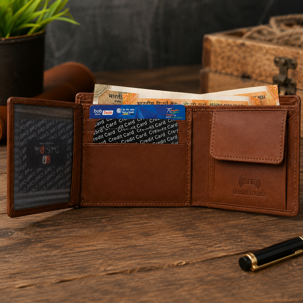 Men’s Brown Leather Bifold Wallet with ID Window, Coin Pocket & Multiple Card Slots – Slim Everyday Wallet for Men