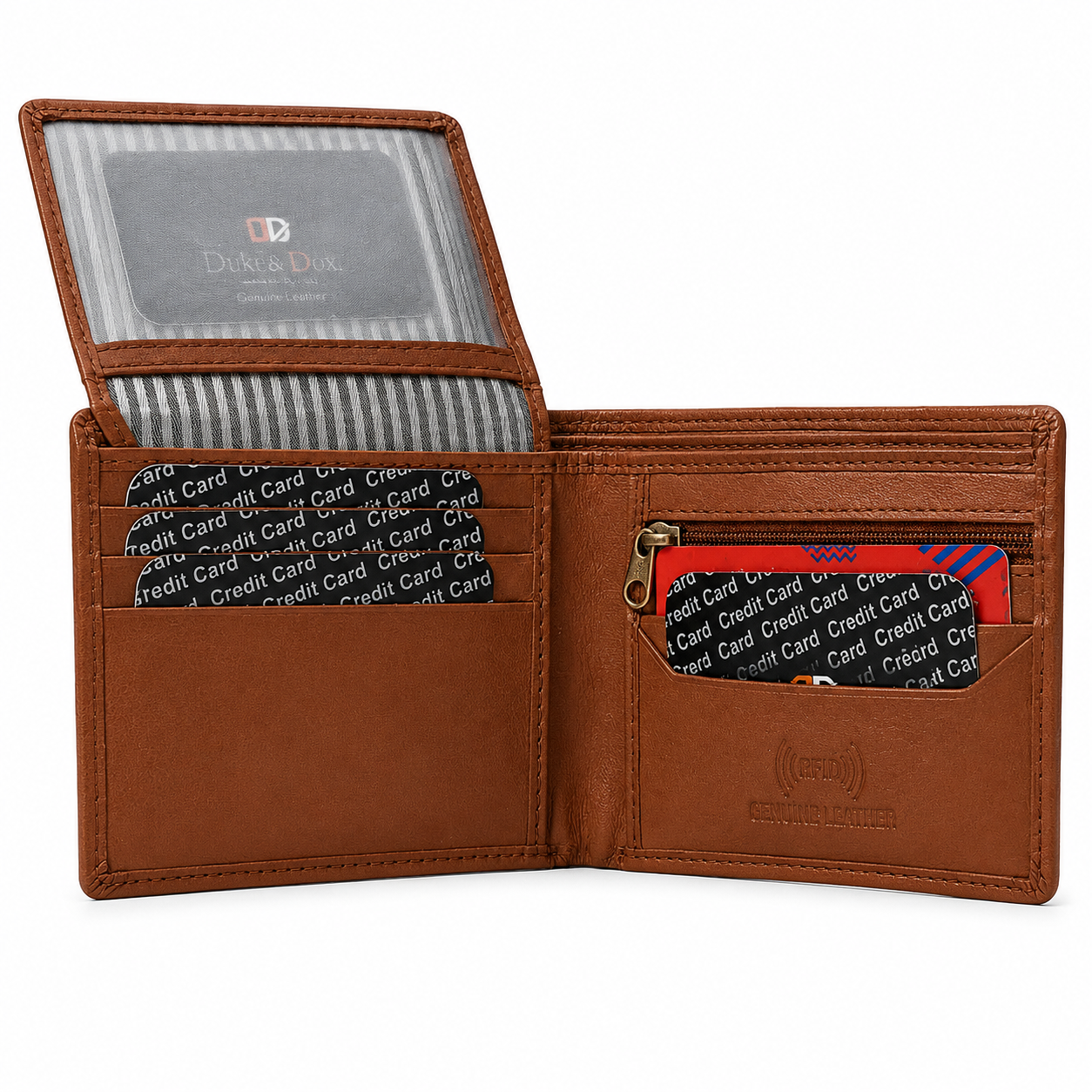 Men’s Genuine Leather RFID Bifold Wallet with ID Window, Zipper Coin Pocket & Multiple Card Slots – Brown Large Capacity Wallet for Men