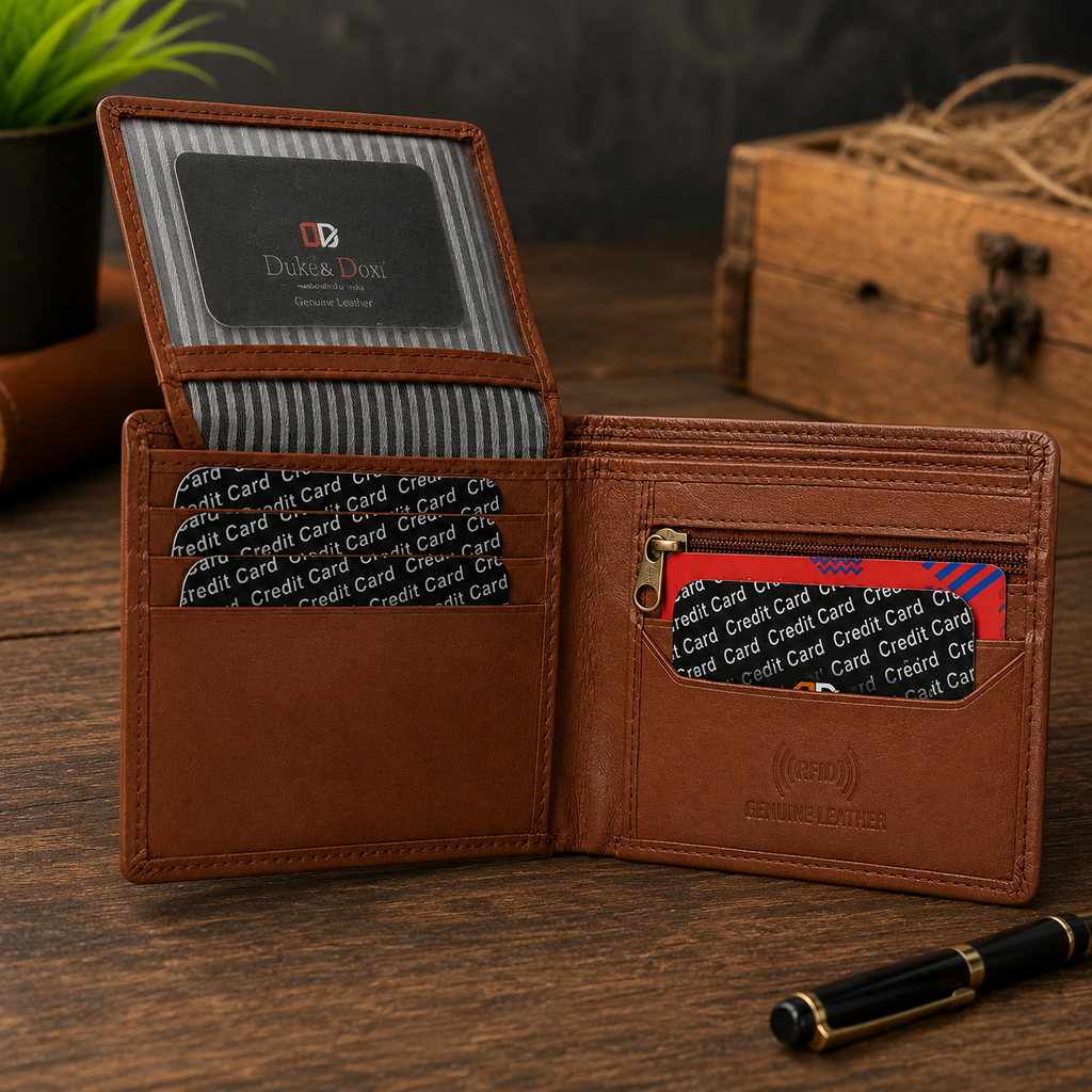 Men’s Genuine Leather RFID Bifold Wallet with ID Window, Zipper Coin Pocket & Multiple Card Slots – Brown Large Capacity Wallet for Men