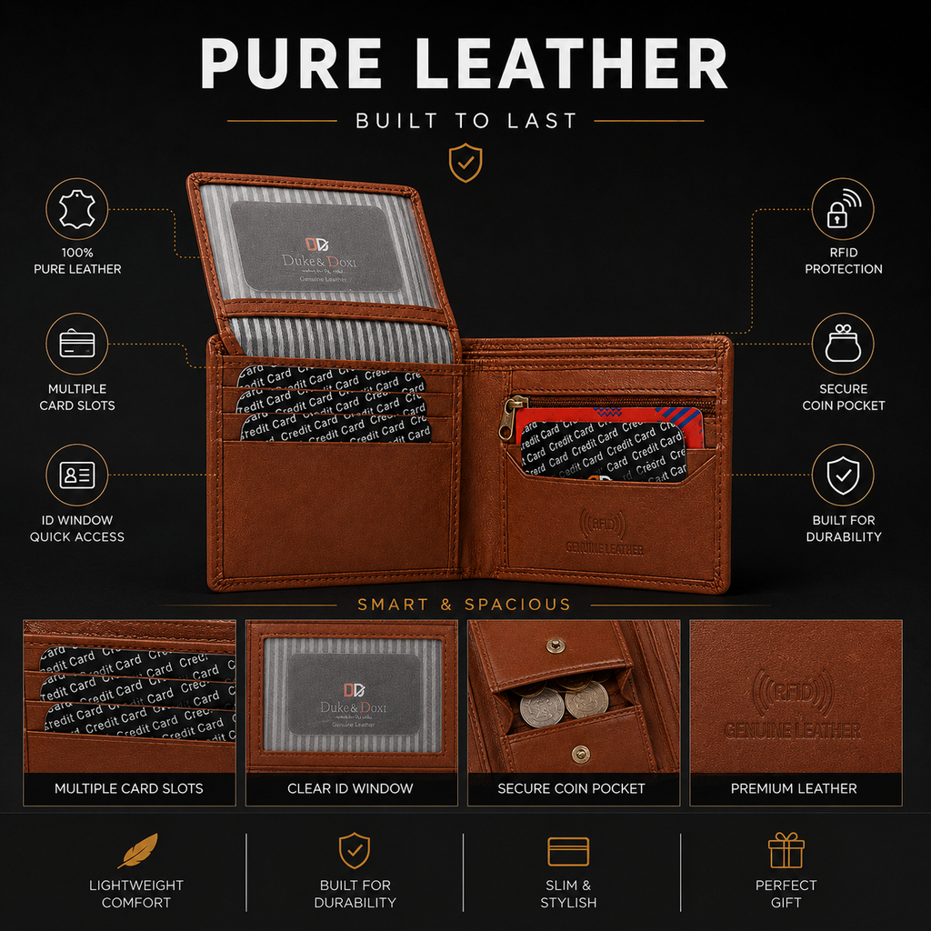 Men’s Genuine Leather RFID Bifold Wallet with ID Window, Zipper Coin Pocket & Multiple Card Slots – Brown Large Capacity Wallet for Men
