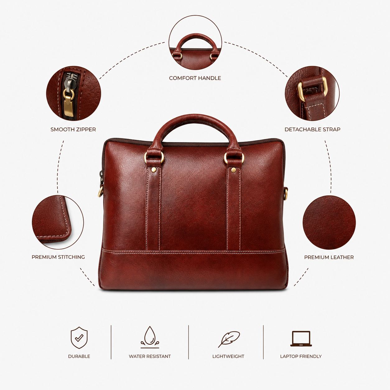Luxcariiy Cognac Brown Genuine Leather Laptop Bag for Men – Professional Business Briefcase & Work Bag