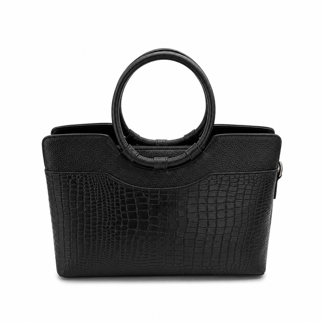 Luxcariiy Black Genuine Leather Tote Bag for Women – Large Crocodile Embossed Handbag, Professional Work, Office, Laptop & Travel Shoulder Bag