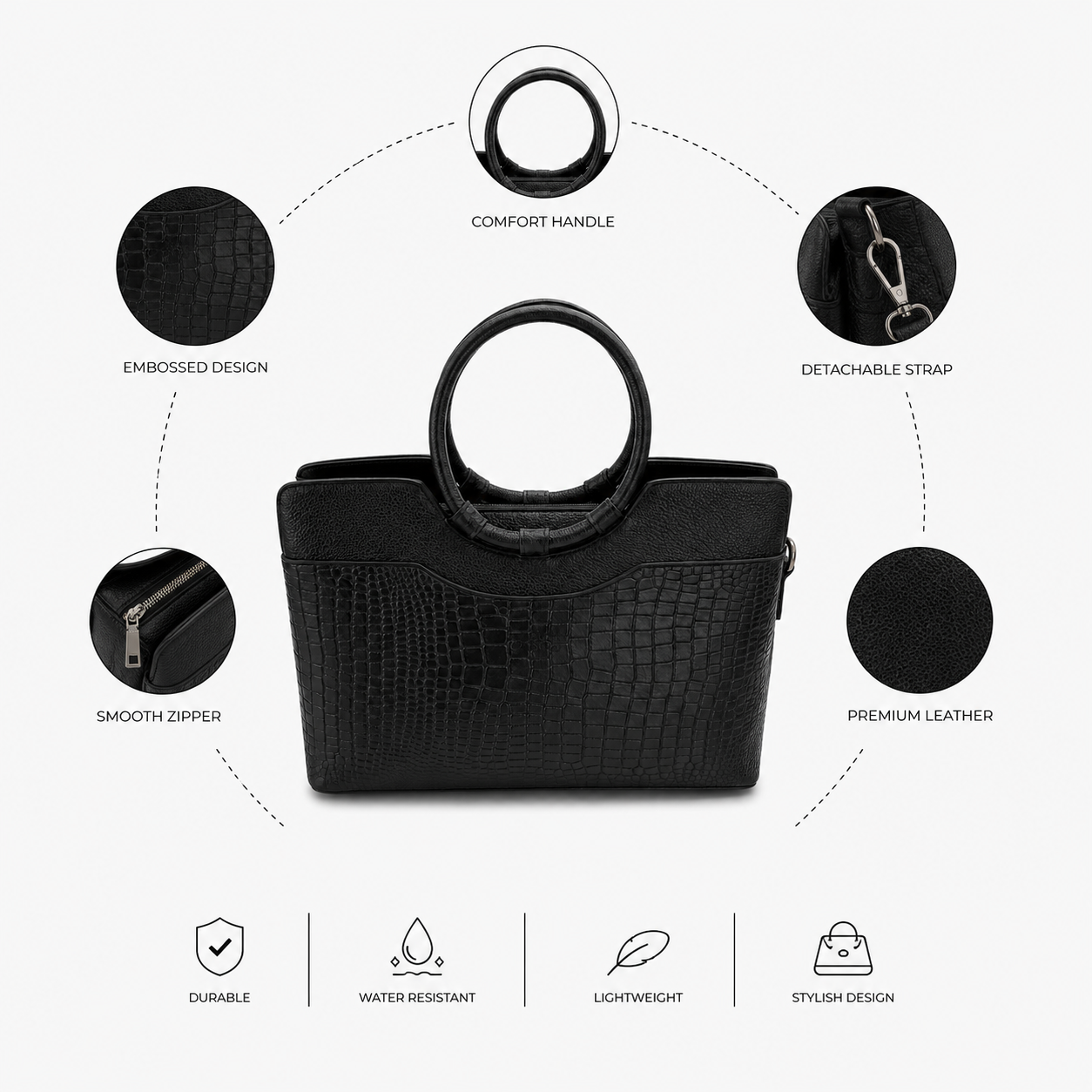 Luxcariiy Black Genuine Leather Tote Bag for Women – Large Crocodile Embossed Handbag, Professional Work, Office, Laptop & Travel Shoulder Bag