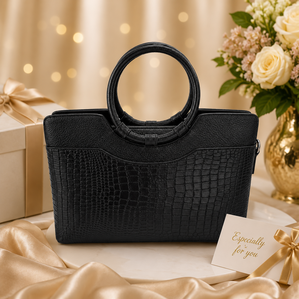 Luxcariiy Black Genuine Leather Tote Bag for Women – Large Crocodile Embossed Handbag, Professional Work, Office, Laptop & Travel Shoulder Bag