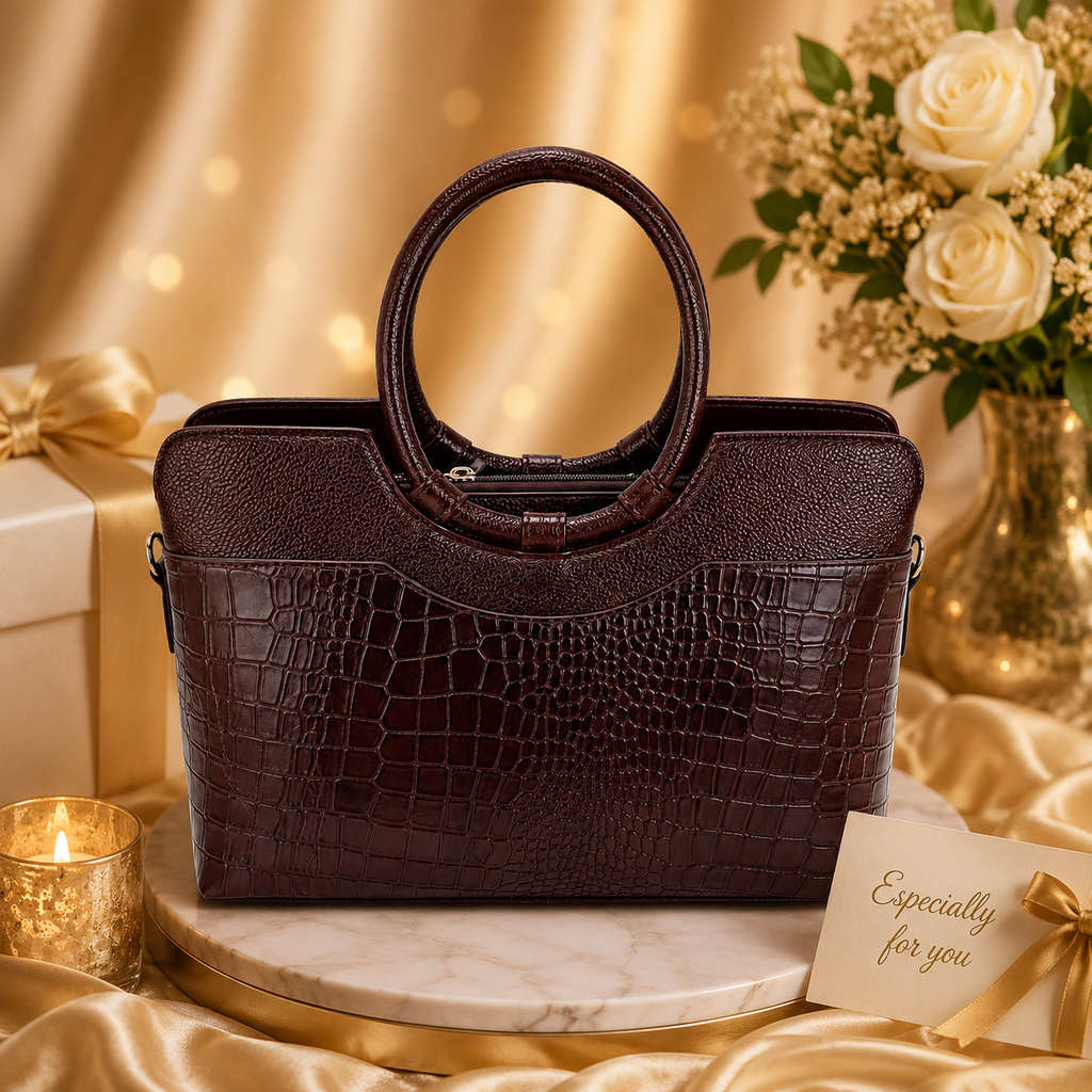 Luxcariiy Women’s Genuine Leather Tote Bag – Dark Brown Croc Embossed Large Leather Handbag, Structured Top Handle Shoulder Bag for Work, Office, Travel & Everyday Use