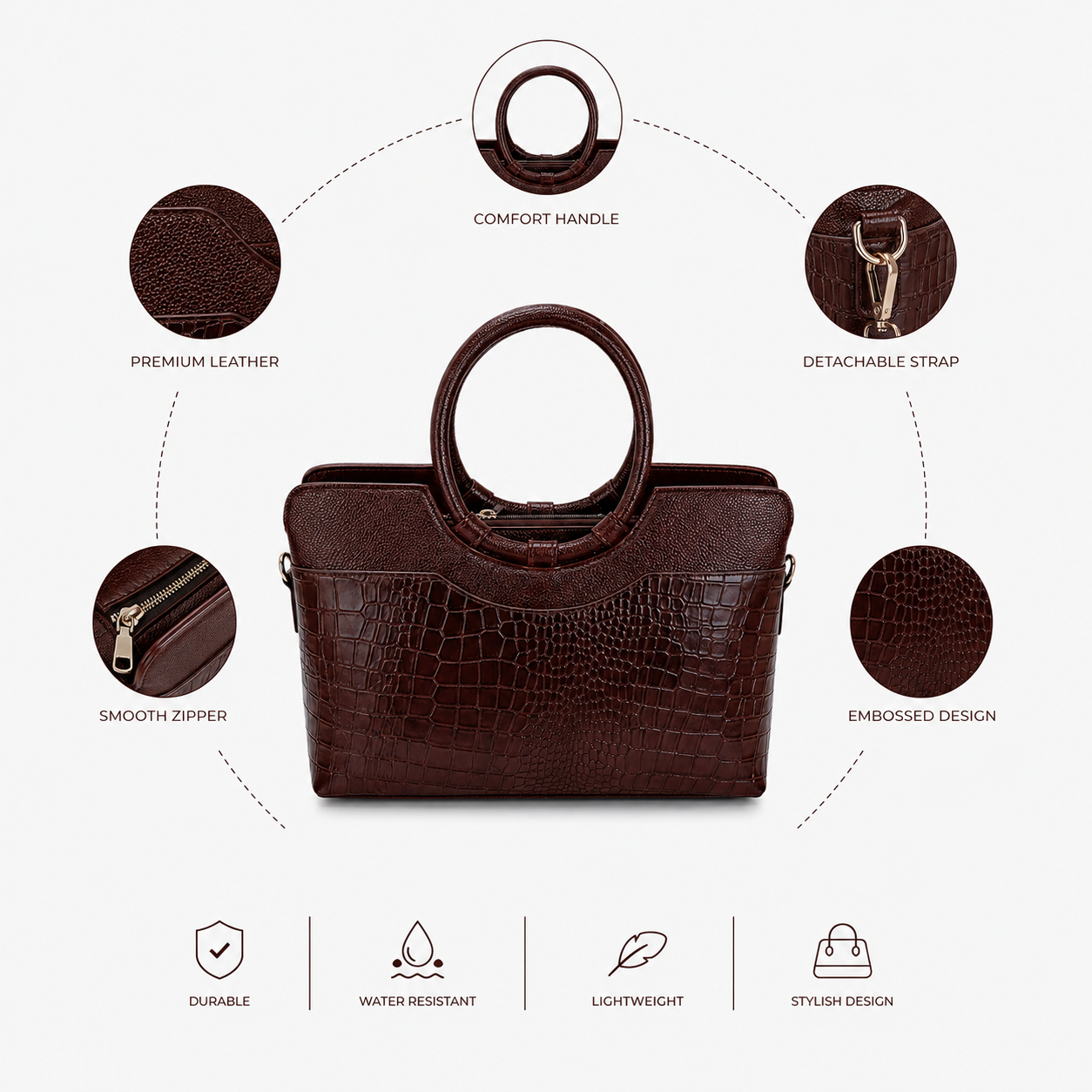 Luxcariiy Women’s Genuine Leather Tote Bag – Dark Brown Croc Embossed Large Leather Handbag, Structured Top Handle Shoulder Bag for Work, Office, Travel & Everyday Use
