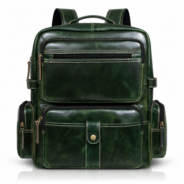 LUXCARIIY Dark Green Genuine Leather Backpack for Men – Large Capacity Multi Pocket Travel Work Business Rucksack