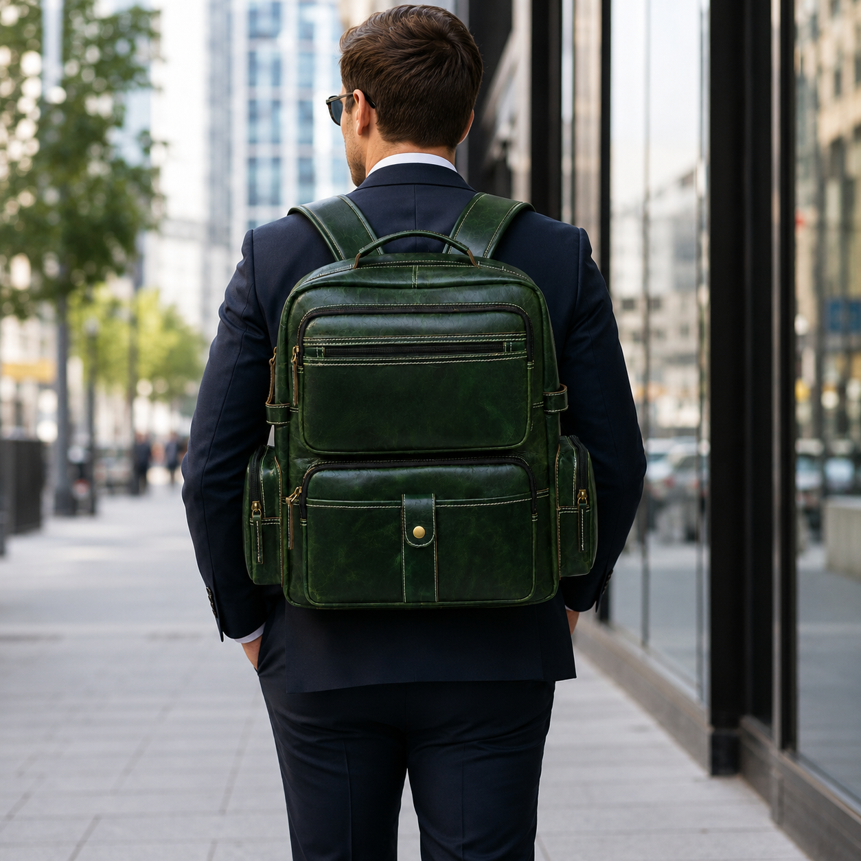 LUXCARIIY Dark Green Genuine Leather Backpack for Men – Large Capacity Multi Pocket Travel Work Business Rucksack