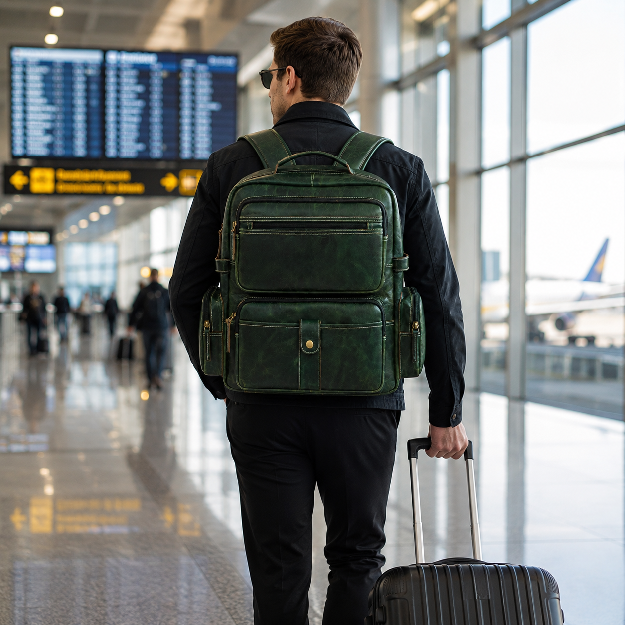 LUXCARIIY Dark Green Genuine Leather Backpack for Men – Large Capacity Multi Pocket Travel Work Business Rucksack