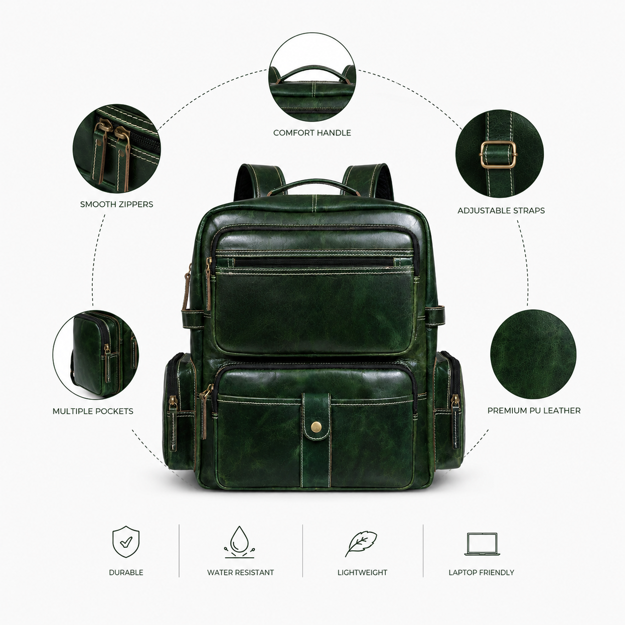 LUXCARIIY Dark Green Genuine Leather Backpack for Men – Large Capacity Multi Pocket Travel Work Business Rucksack
