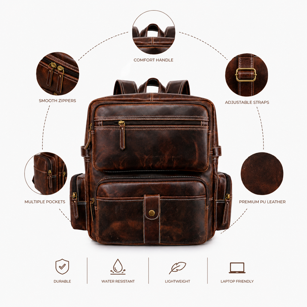 Luxcariiy Dark Brown Genuine Leather Backpack for Men – Large Capacity Multi Pocket Laptop Travel Work Business Rucksack