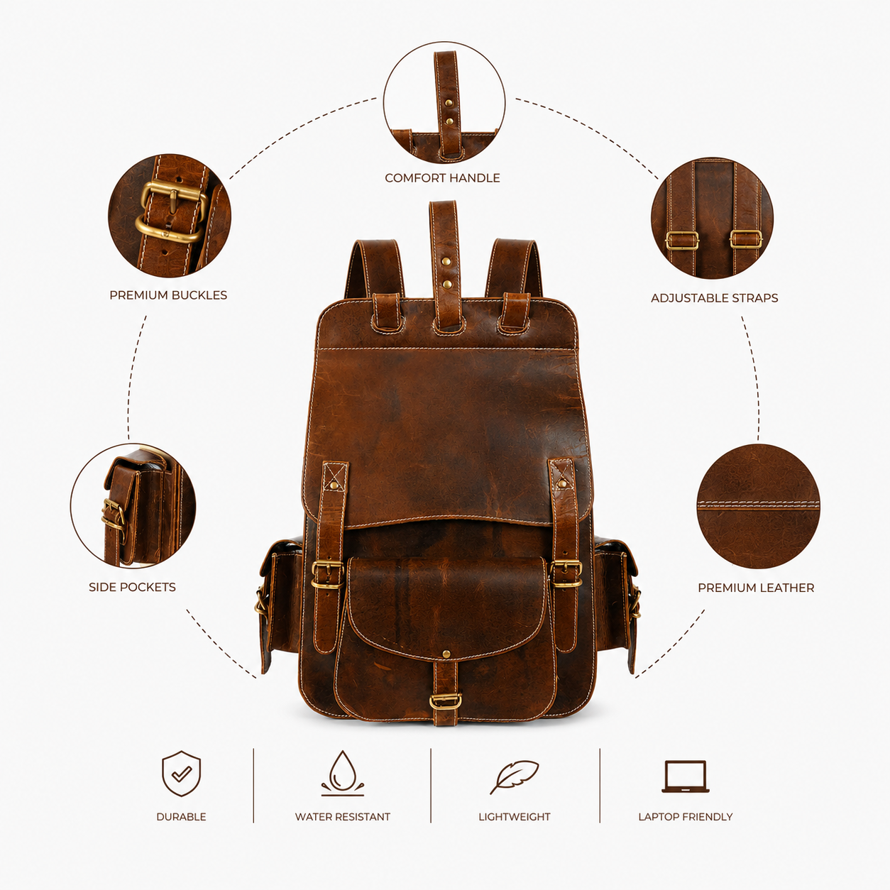 LUXCARIIY Vintage Dark Brown Genuine Leather Backpack for Men & Women – Large Capacity Multi Pocket Travel, Work & Everyday Rucksack