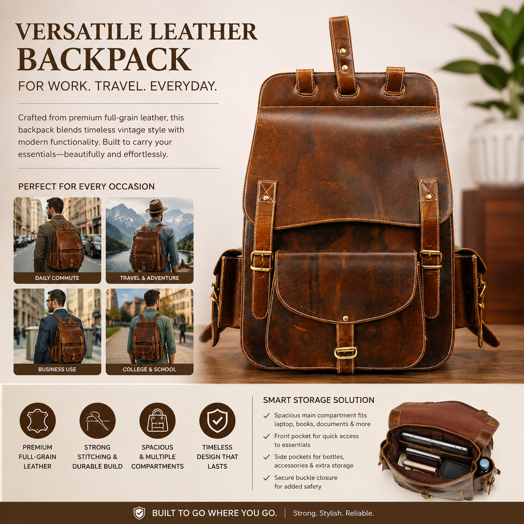 LUXCARIIY Vintage Dark Brown Genuine Leather Backpack for Men & Women – Large Capacity Multi Pocket Travel, Work & Everyday Rucksack