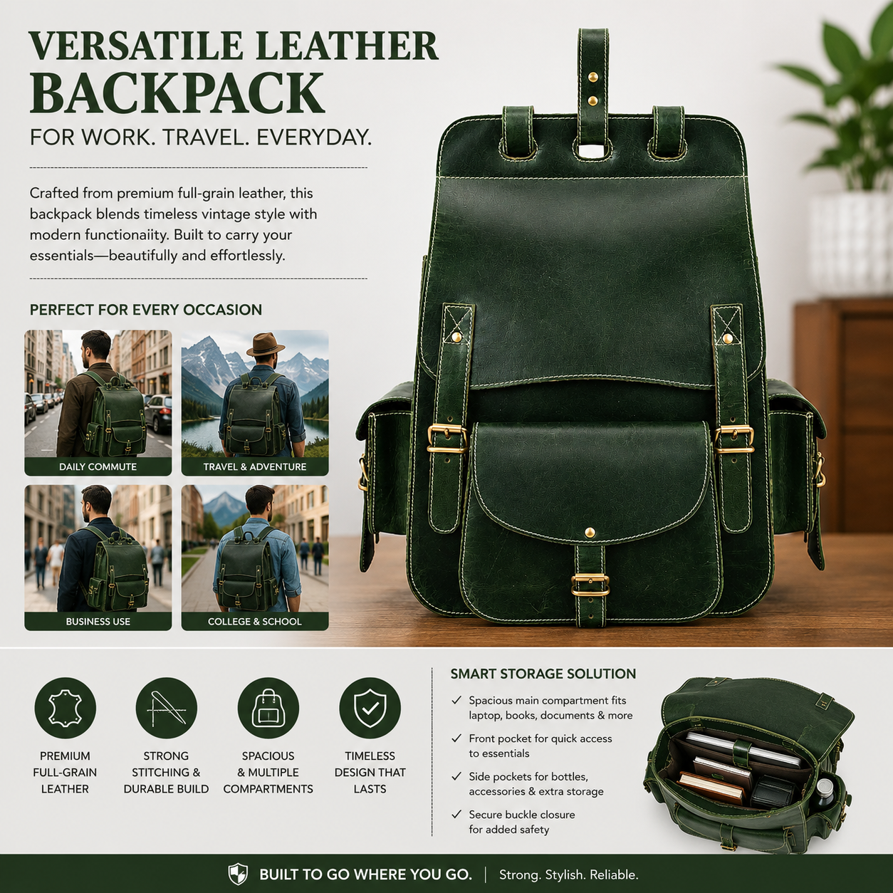Luxcariiy Dark Green Genuine Leather Backpack for Men & Women – Vintage Large Capacity Multi Pocket Travel, Work & Business Rucksack