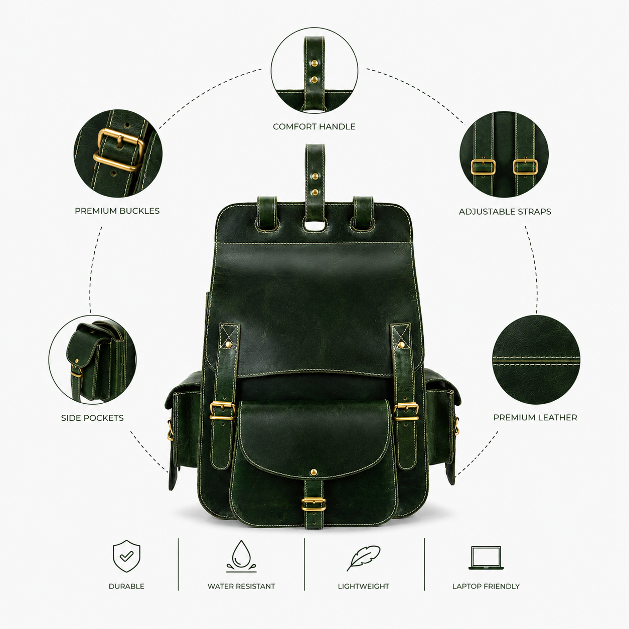 Luxcariiy Dark Green Genuine Leather Backpack for Men & Women – Vintage Large Capacity Multi Pocket Travel, Work & Business Rucksack