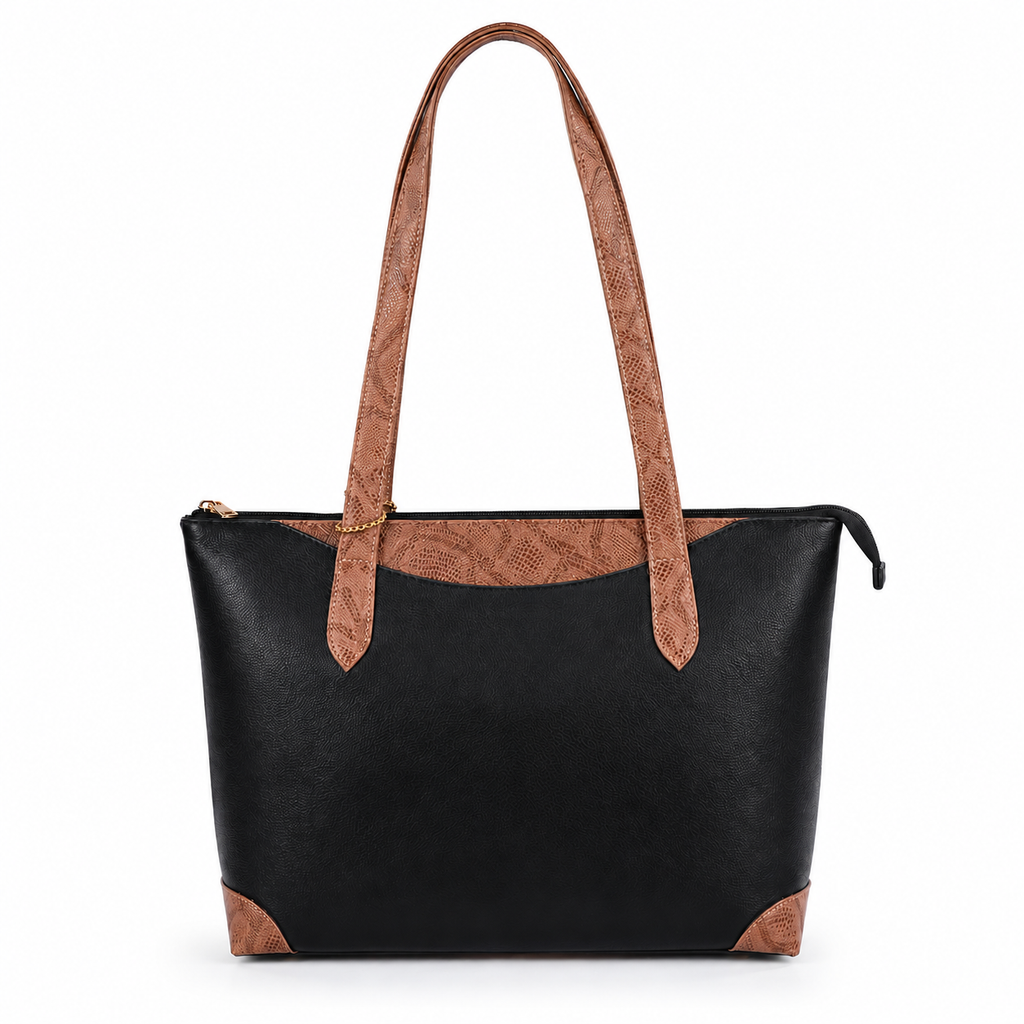 Luxcariiy Genuine Leather Tote Bag for Women – Large Black & Tan Brown Zippered Shoulder Handbag, Spacious Work, Office, Laptop, Travel & Everyday Purse