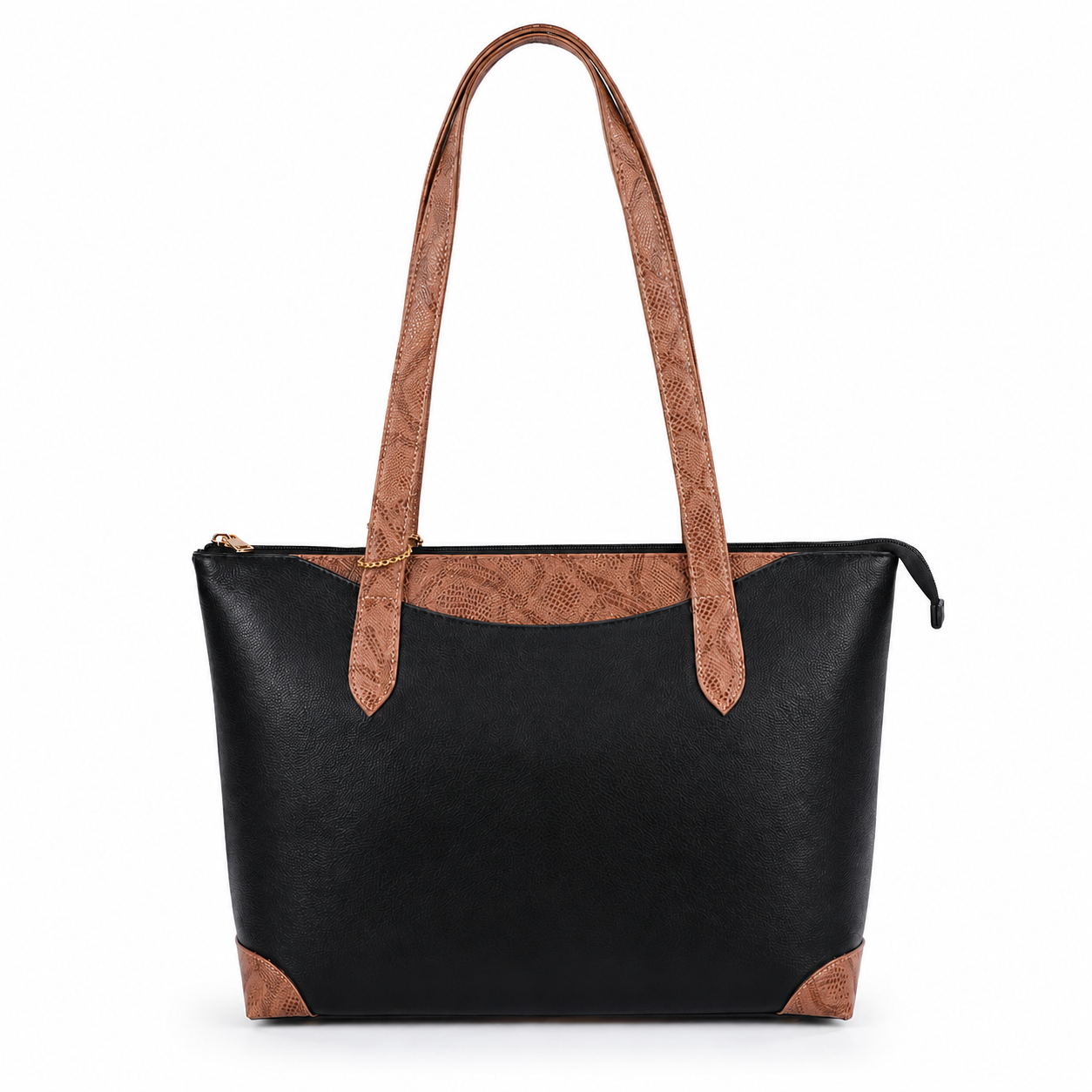 Luxcariiy Genuine Leather Tote Bag for Women – Large Black & Tan Brown Zippered Shoulder Handbag, Spacious Work, Office, Laptop, Travel & Everyday Purse