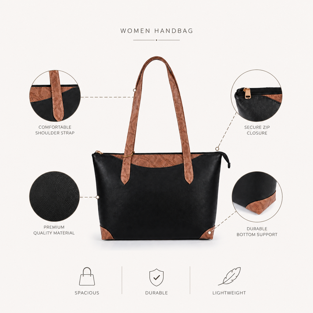 Luxcariiy Genuine Leather Tote Bag for Women – Large Black & Tan Brown Zippered Shoulder Handbag, Spacious Work, Office, Laptop, Travel & Everyday Purse