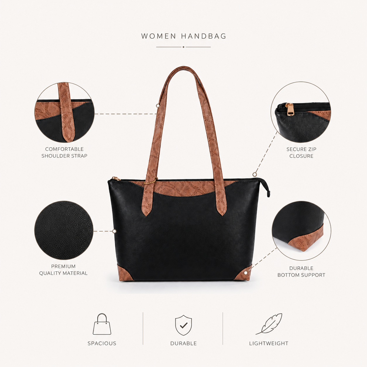 Luxcariiy Genuine Leather Tote Bag for Women – Large Black & Tan Brown Zippered Shoulder Handbag, Spacious Work, Office, Laptop, Travel & Everyday Purse