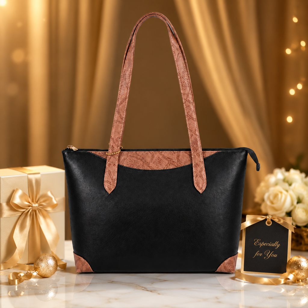 Luxcariiy Genuine Leather Tote Bag for Women – Large Black & Tan Brown Zippered Shoulder Handbag, Spacious Work, Office, Laptop, Travel & Everyday Purse