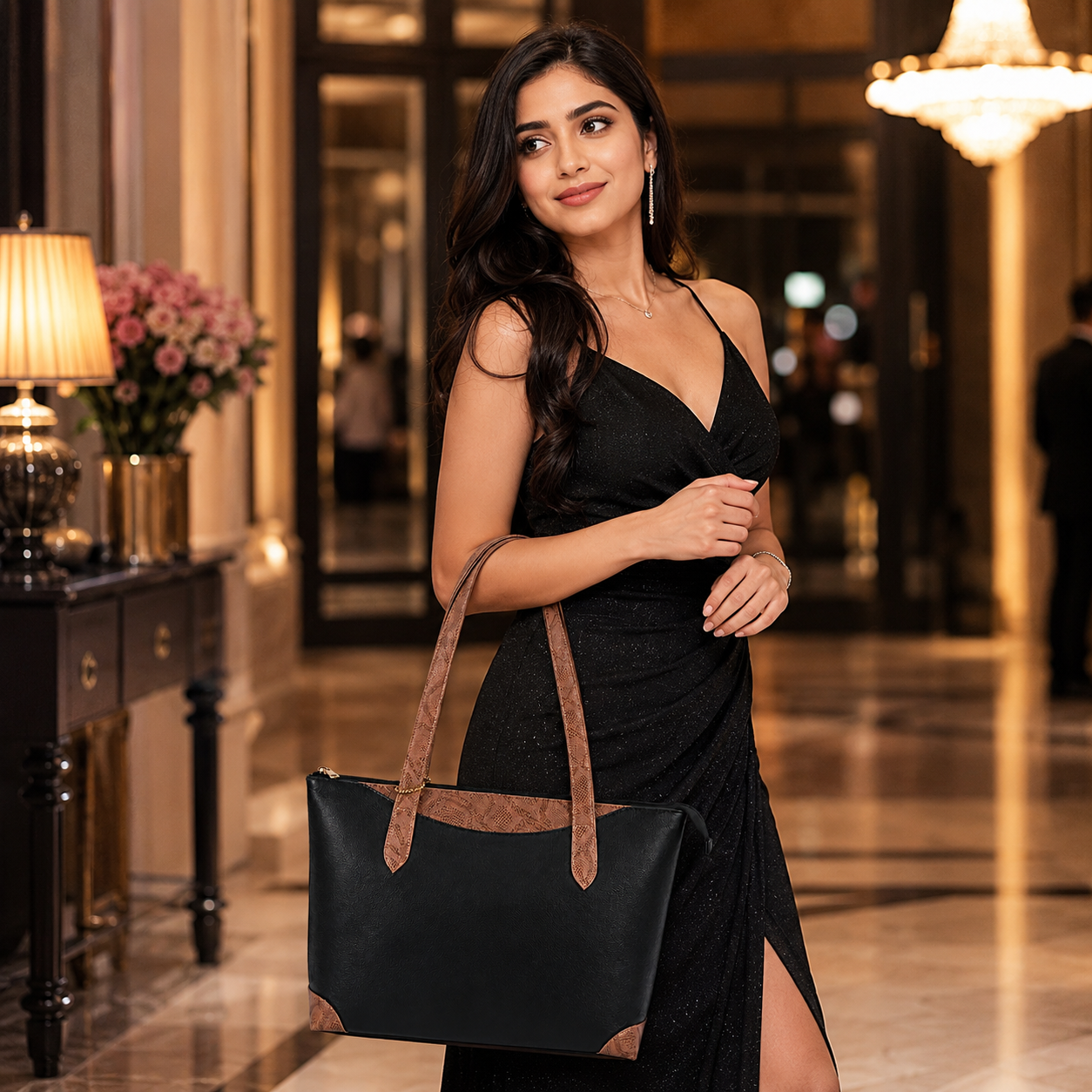 Luxcariiy Genuine Leather Tote Bag for Women – Large Black & Tan Brown Zippered Shoulder Handbag, Spacious Work, Office, Laptop, Travel & Everyday Purse