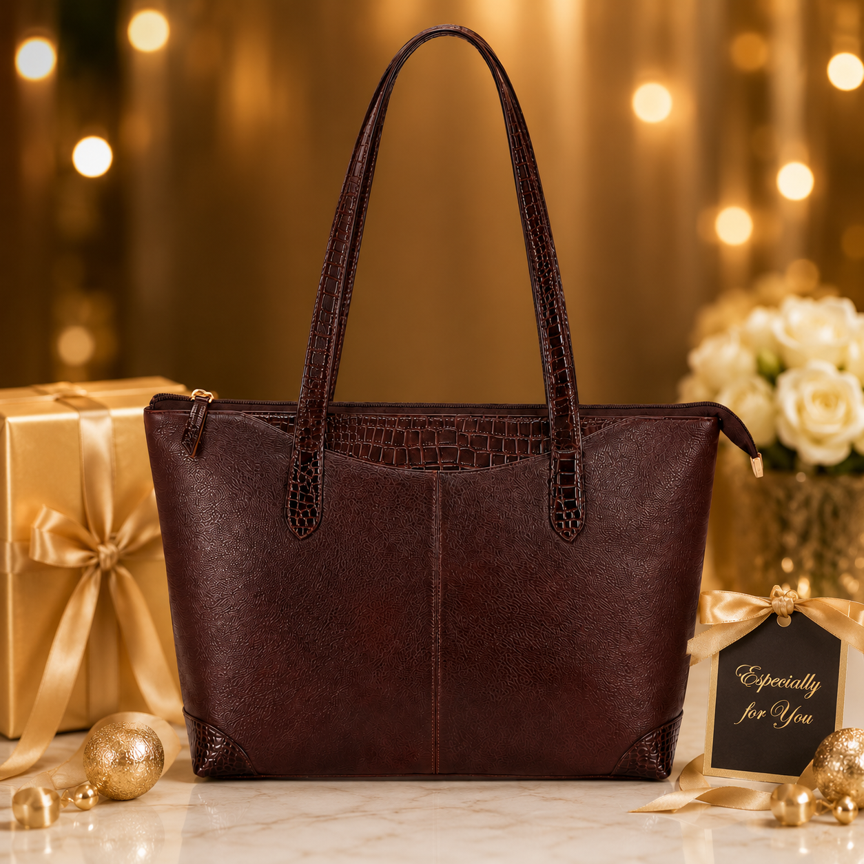 Luxcariiy Genuine Leather Tote Bag for Women – Large Dark Brown Zippered Shoulder Handbag, Spacious Leather Work, Office, Travel & Everyday Bag