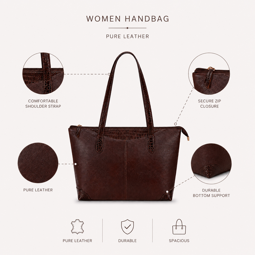 Luxcariiy Genuine Leather Tote Bag for Women – Large Dark Brown Zippered Shoulder Handbag, Spacious Leather Work, Office, Travel & Everyday Bag