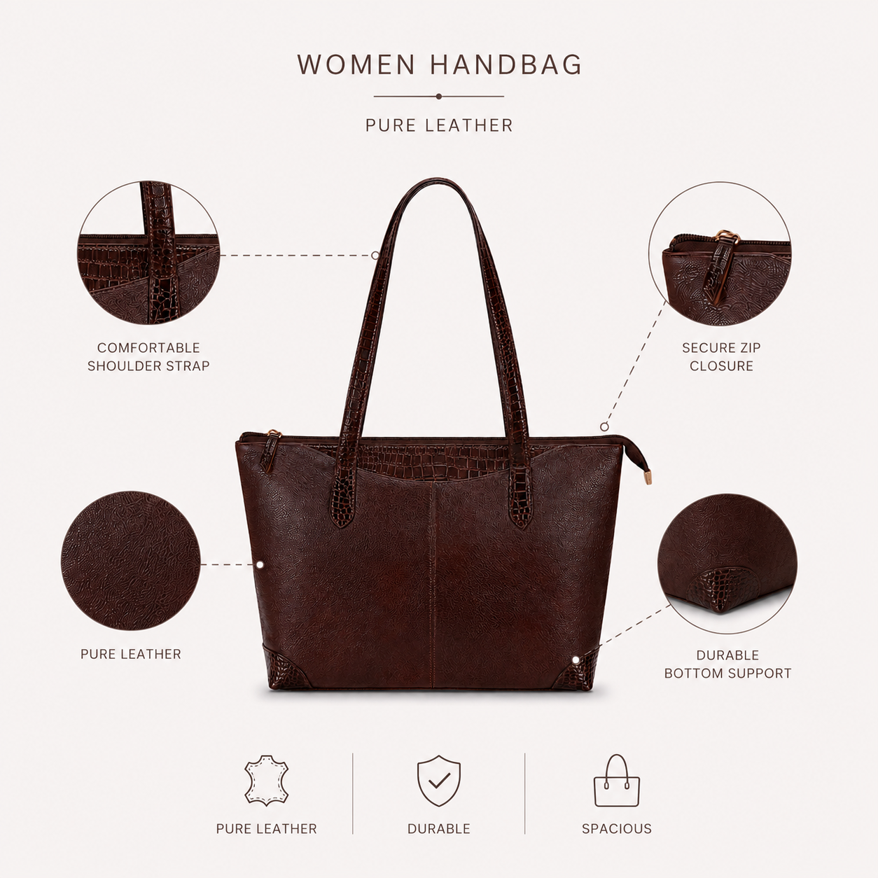 Luxcariiy Genuine Leather Tote Bag for Women – Large Dark Brown Zippered Shoulder Handbag, Spacious Leather Work, Office, Travel & Everyday Bag