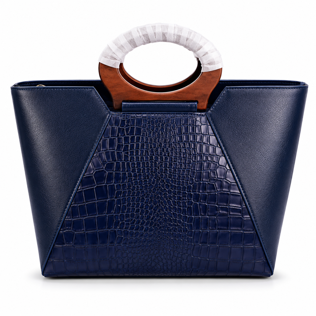 Luxcariiy Genuine Leather Tote Bag for Women – Navy Blue Structured Croc Embossed Top Handle Handbag, Luxury Leather Purse, Large Everyday Work & Office Bag