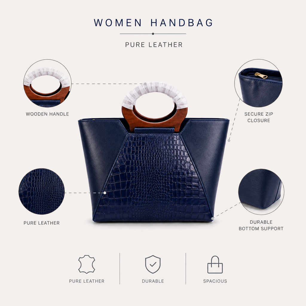 Luxcariiy Genuine Leather Tote Bag for Women – Navy Blue Structured Croc Embossed Top Handle Handbag, Luxury Leather Purse, Large Everyday Work & Office Bag