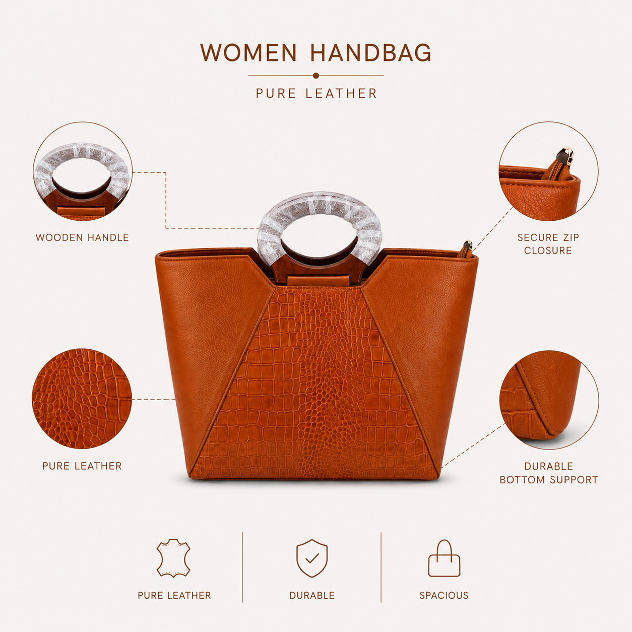 Luxcariiy Brown Genuine Leather Tote Bag for Women – Large Structured Leather Handbag, Crocodile Embossed Top Handle Purse, Luxury Everyday Work & Travel Bag