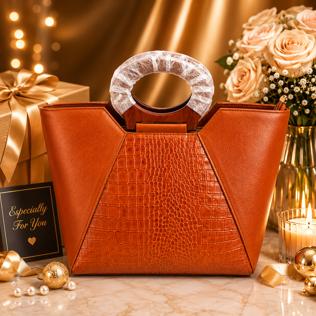 Luxcariiy Brown Genuine Leather Tote Bag for Women – Large Structured Leather Handbag, Crocodile Embossed Top Handle Purse, Luxury Everyday Work & Travel Bag
