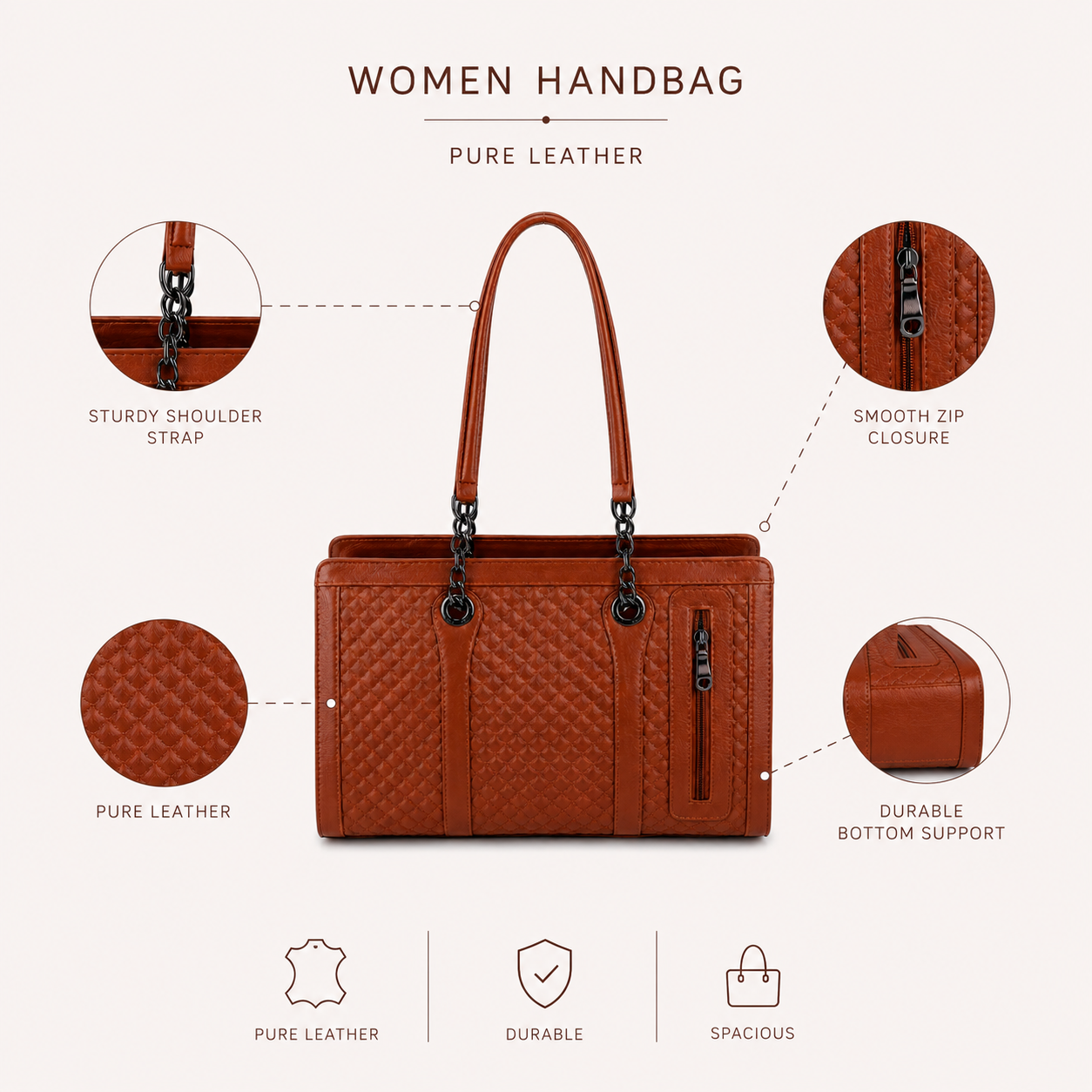 Luxcariiy Women’s Genuine Leather Tote Bag – Brown Large Leather Handbag, Structured Shoulder Bag with Zipper Pocket for Work, Office, Travel & Everyday Use
