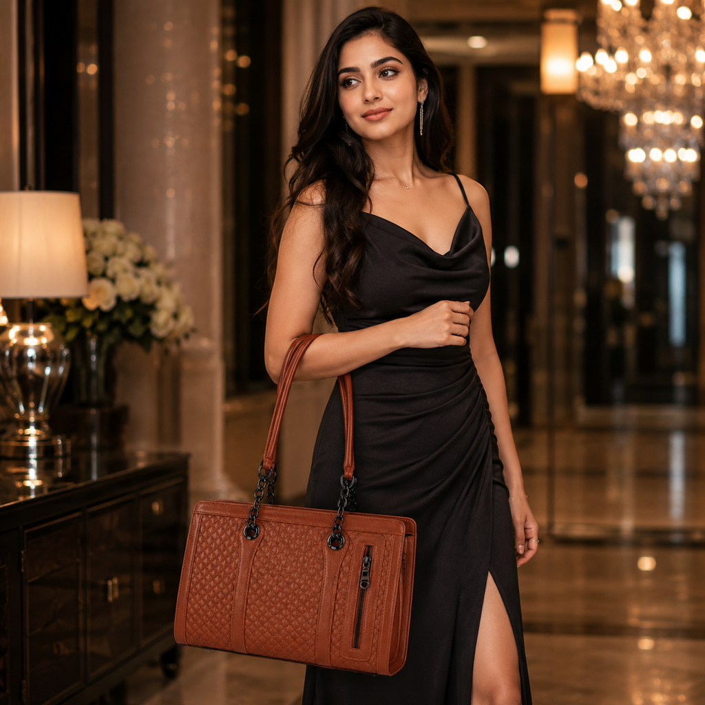 Luxcariiy Women’s Genuine Leather Tote Bag – Brown Large Leather Handbag, Structured Shoulder Bag with Zipper Pocket for Work, Office, Travel & Everyday Use