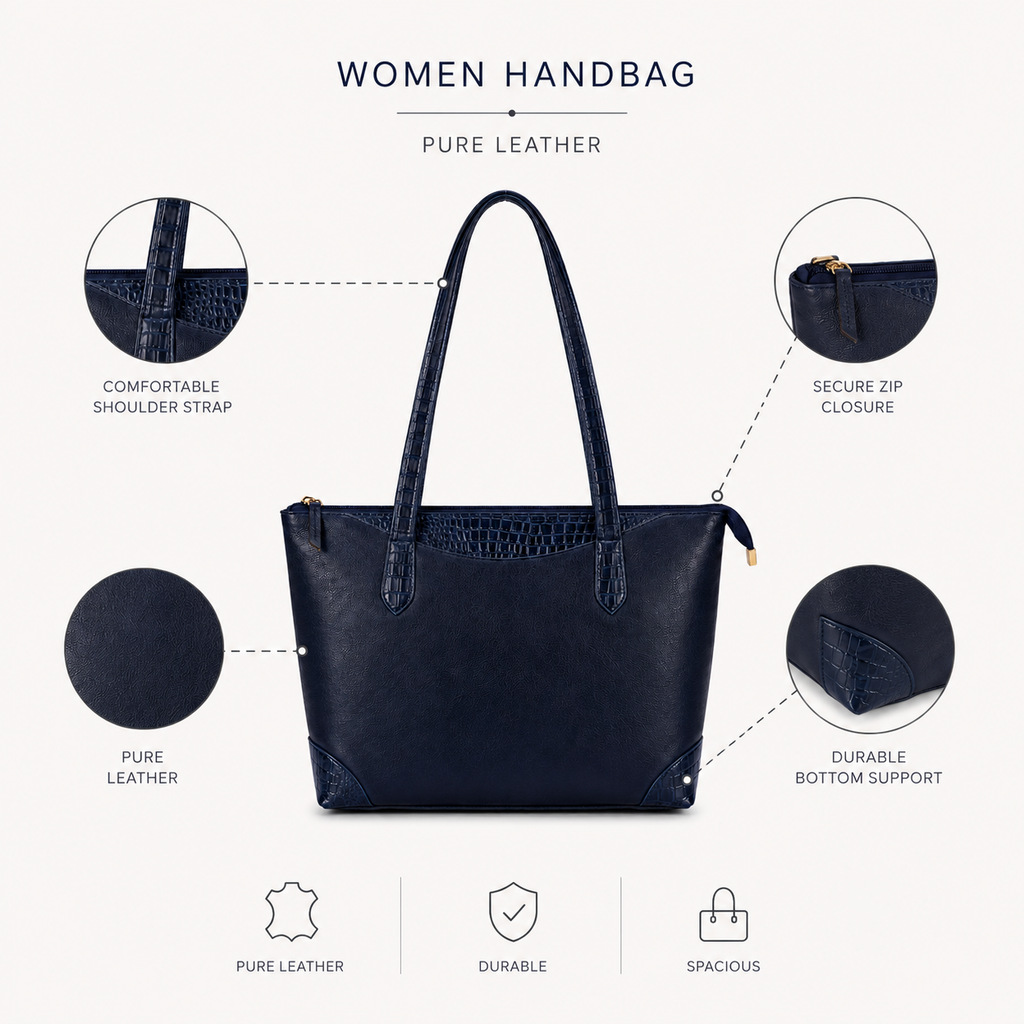 Luxcariiy Navy Blue Genuine Leather Tote Bag for Women – Large Zippered Shoulder Handbag, Spacious Work, Office, Laptop & Travel Tote