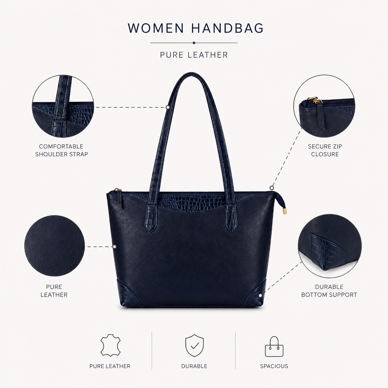 Luxcariiy Navy Blue Genuine Leather Tote Bag for Women – Large Zippered Shoulder Handbag, Spacious Work, Office, Laptop & Travel Tote