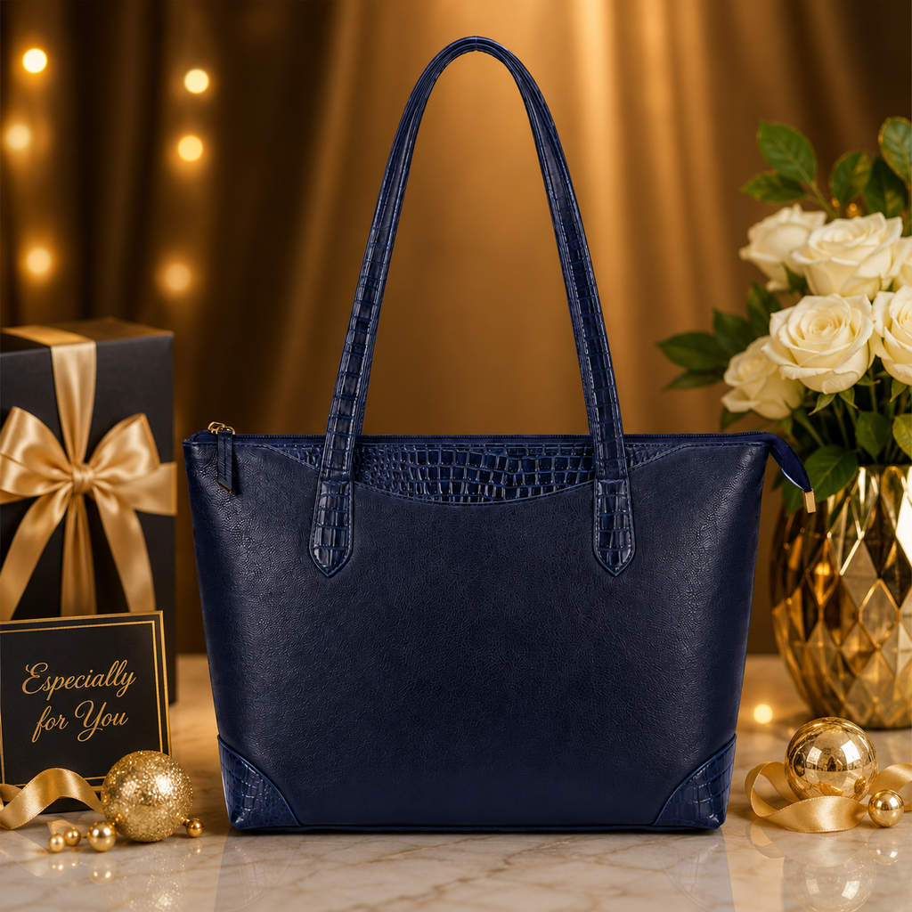 Luxcariiy Navy Blue Genuine Leather Tote Bag for Women – Large Zippered Shoulder Handbag, Spacious Work, Office, Laptop & Travel Tote