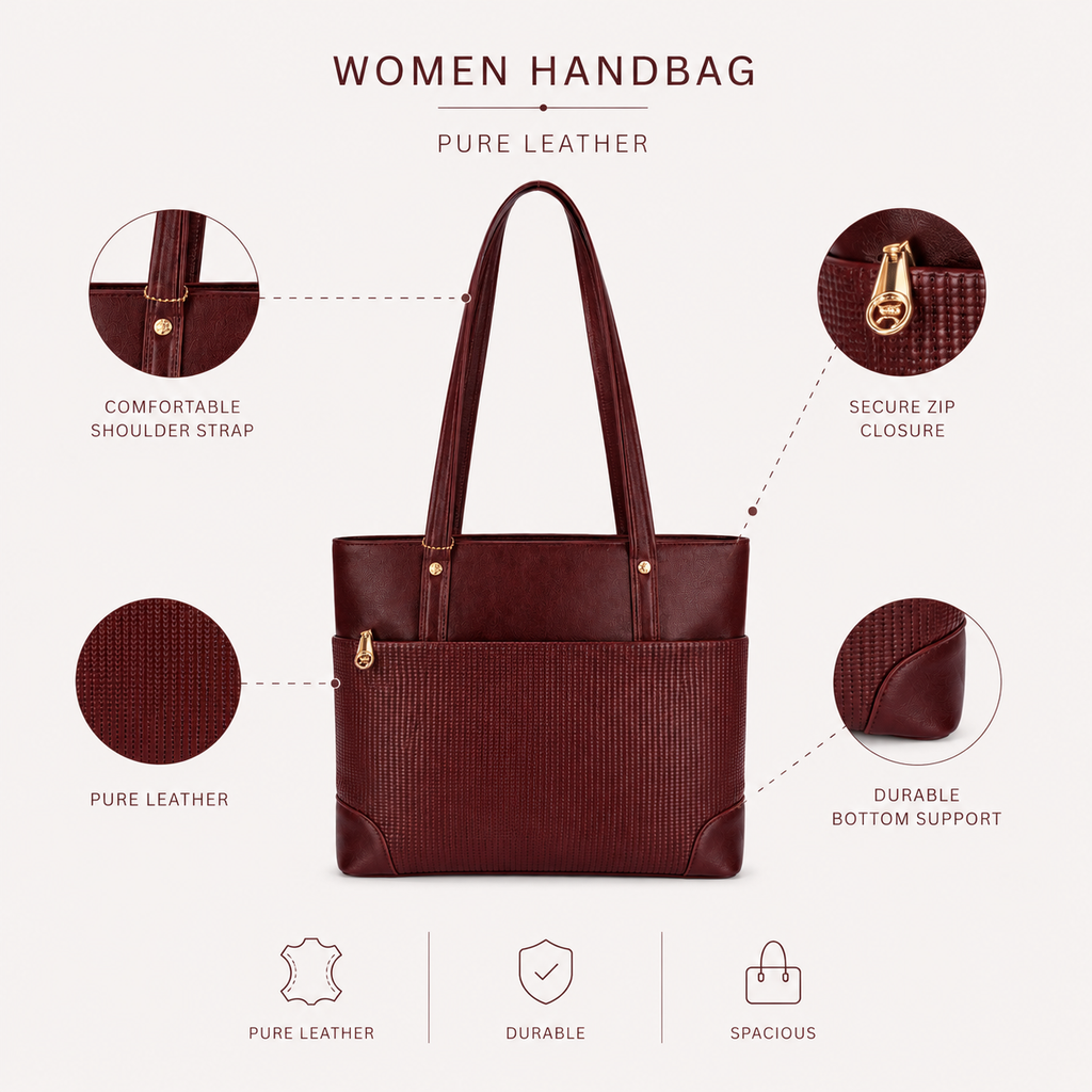 Luxcariiy Women’s Genuine Leather Tote Bag – Large Burgundy Leather Work, Laptop & Shoulder Bag with Zipper Pocket