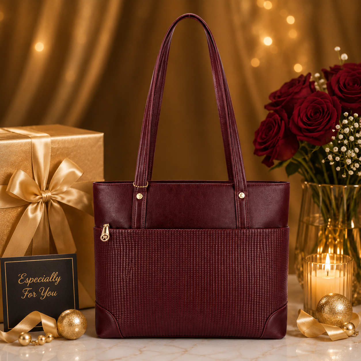 Luxcariiy Women’s Genuine Leather Tote Bag – Large Burgundy Leather Work, Laptop & Shoulder Bag with Zipper Pocket