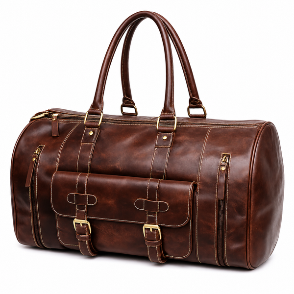 Luxcariiy Brown Genuine Leather Duffle Bag for Men & Women – Large Handmade Leather Travel Weekender Duffel Bag with Multiple Pockets & Shoulder Strap